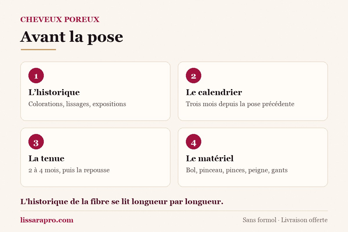 Infographie Lissara : historique, calendrier, tenue et matériel avant une pose sur cheveux poreux.