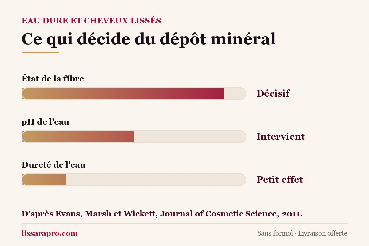 Trois jauges : l’état de la fibre domine la fixation, le pH de l’eau intervient, le niveau de dureté garde un petit effet.
