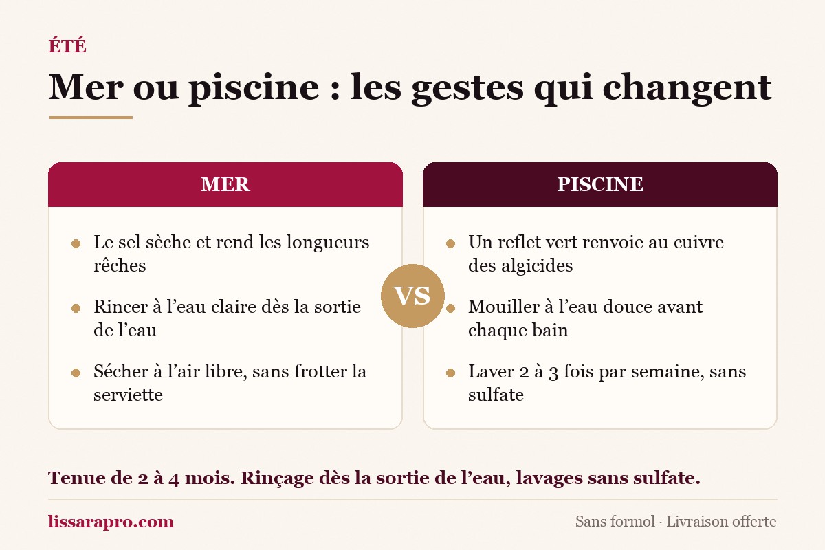 Infographie Lissara : mer ou piscine, les gestes qui changent pour un lissage brésilien l’été.