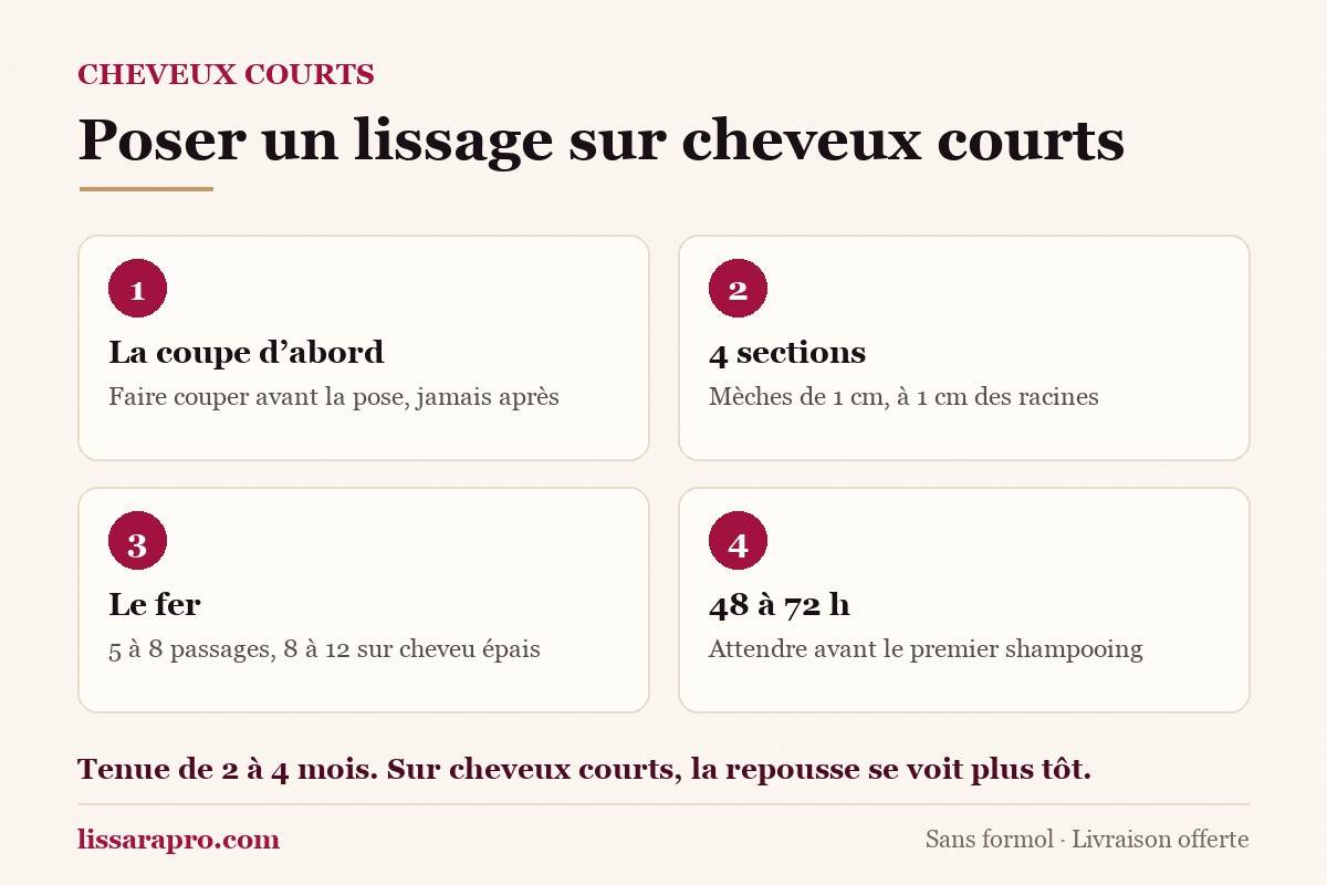 Infographie Lissara : les quatre temps d’un lissage brésilien sur cheveux courts d’homme, de la coupe au premier shampooing.