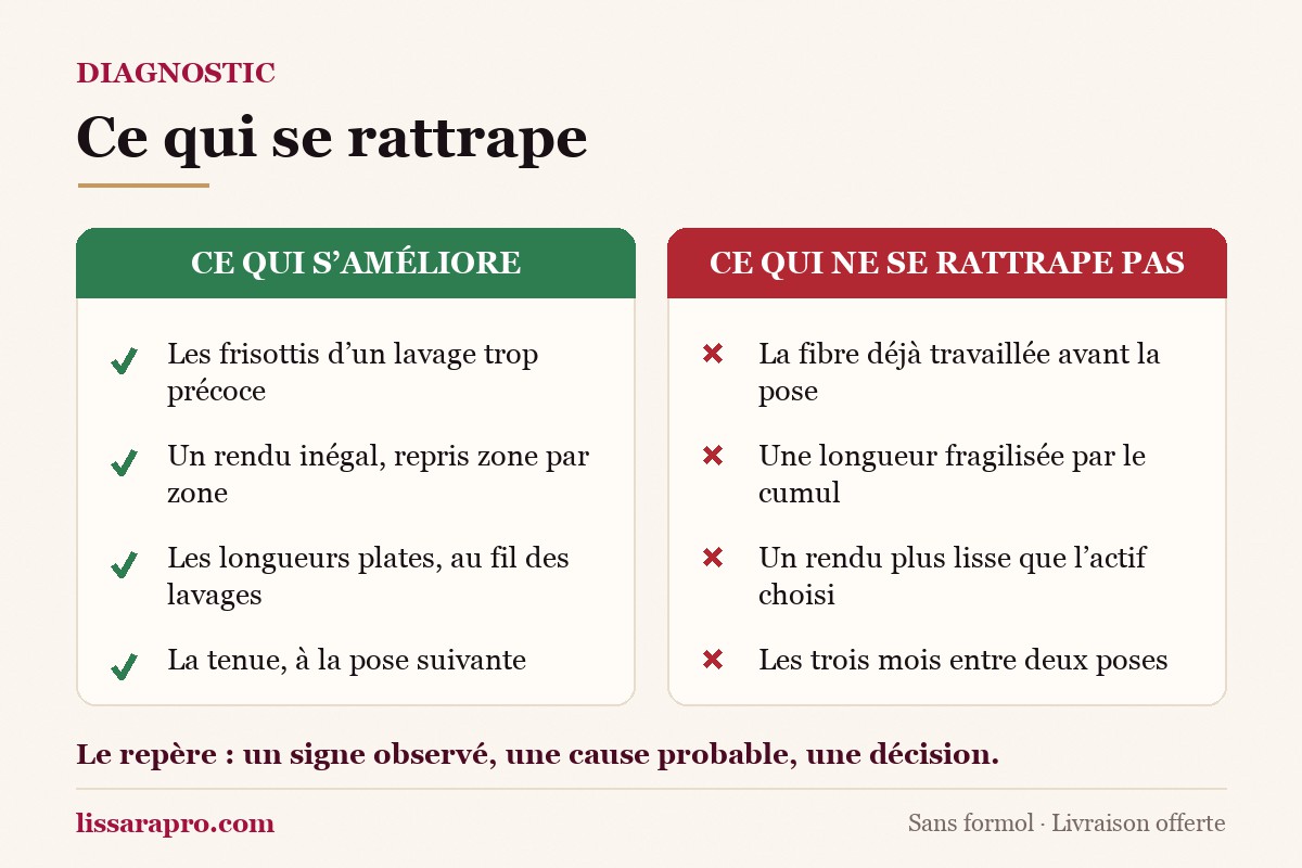 Infographie Lissara : ce qui se rattrape après un lissage brésilien raté.