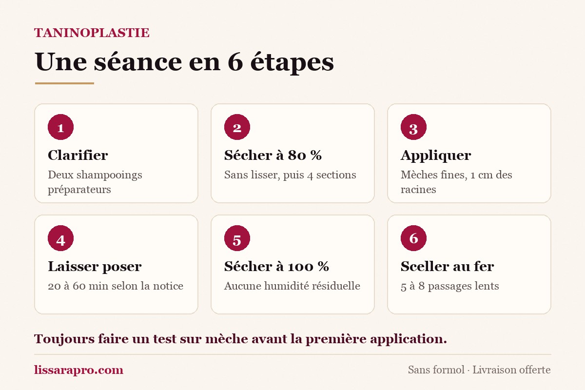 Infographie Lissara : les 6 étapes d'un lissage au tanin, du lavage clarifiant au scellage au fer à lisser.