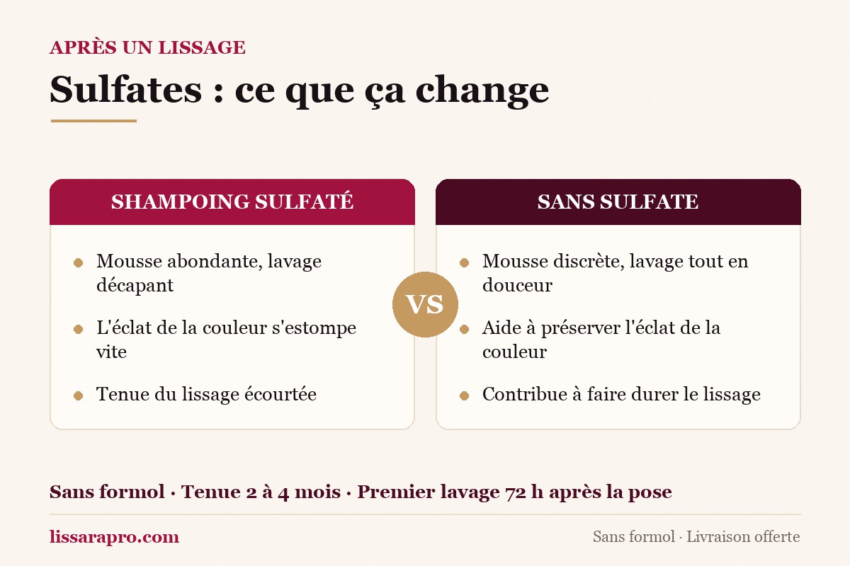 Infographie Lissara comparant un shampoing sulfaté et un shampoing sans sulfate sur cheveux lissés : mousse, éclat de la couleur et tenue du lissage.