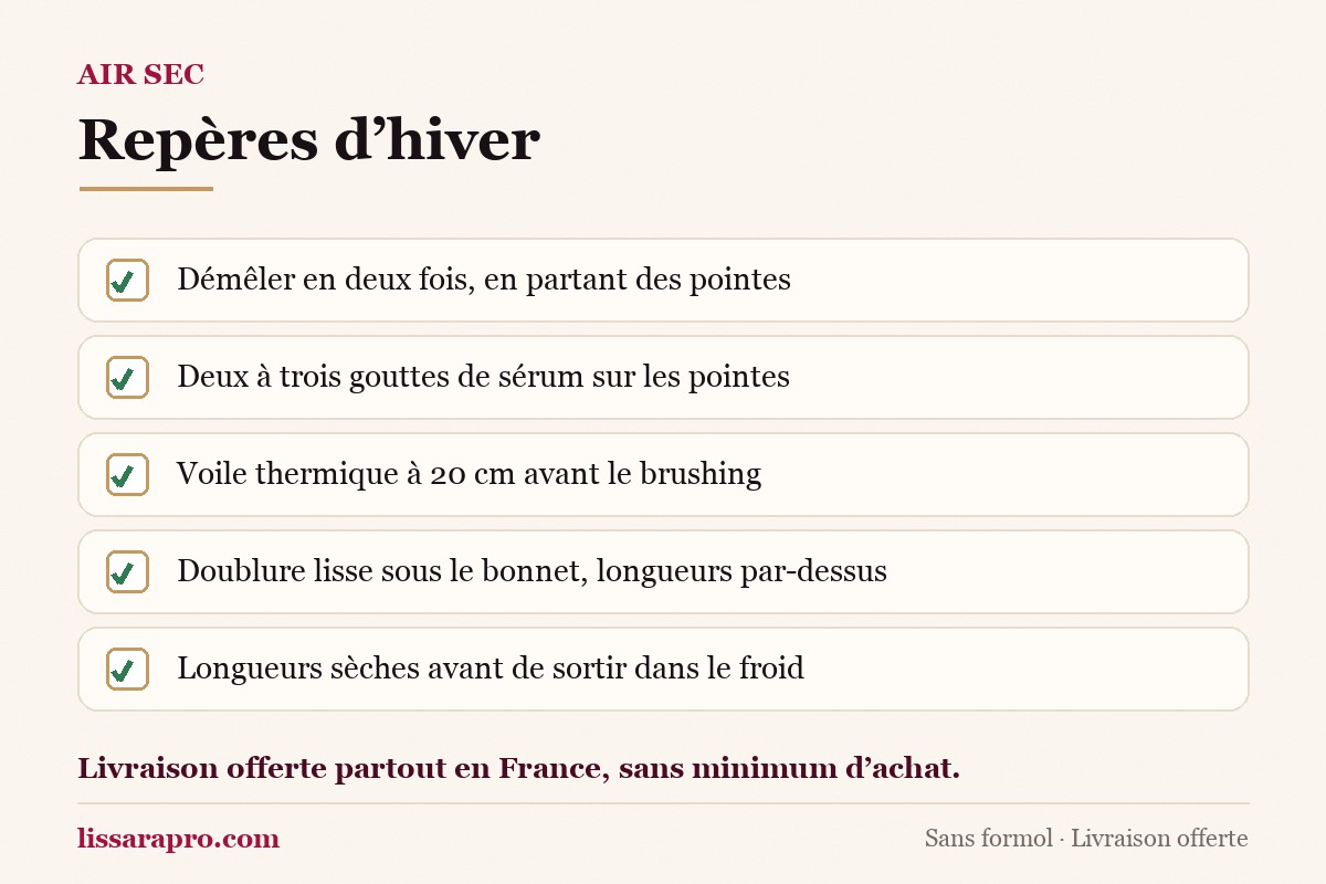 Cinq repères pour des cheveux lissés quand l’air est sec : peigne en deux fois, sérum sur les pointes, voile thermique avant le brushing, doublure lisse sous le bonnet, longueurs sèches avant de sortir.