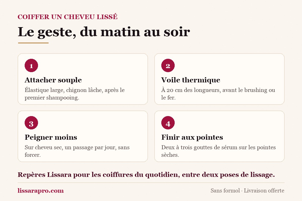 Quatre étapes numérotées : attacher souple, poser le voile thermique à 20 cm, peigner sur cheveu sec, finir sur les pointes.