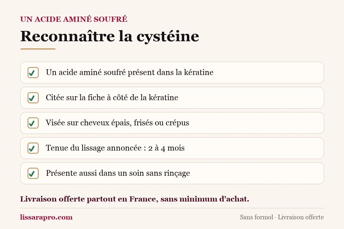 Cinq points pour reconnaître la cystéine dans un lissage brésilien Lissara : c’est un acide aminé soufré, elle est citée sur la fiche à côté de la kératine, elle est visée sur cheveux épais, elle se retrouve aussi dans un soin sans rinçage, et la tenue annoncée du lissage est de 2 à 4 mois.