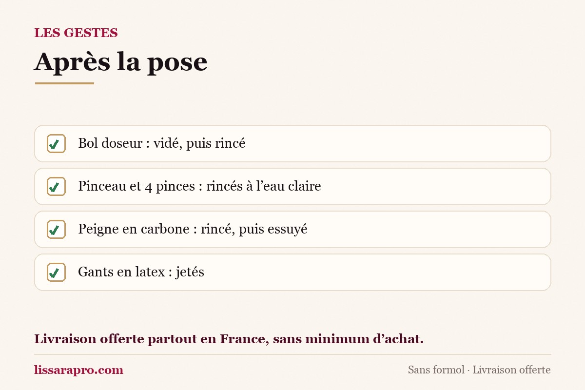 Quatre gestes après une pose de lissage brésilien : le bol doseur vidé puis rincé, le pinceau et les 4 pinces rincés à l’eau claire, le peigne en carbone rincé puis essuyé, les gants en latex jetés.