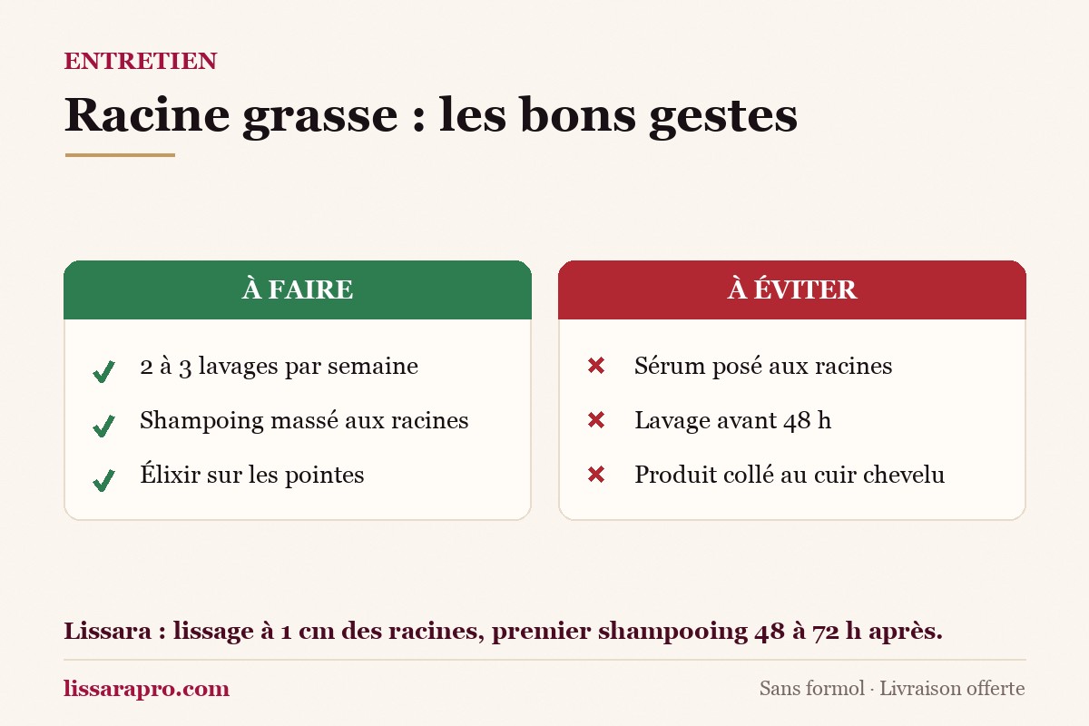 Infographie : laver 2 à 3 fois par semaine en massant les racines et réserver l’élixir aux pointes ; à éviter, un sérum sur les racines, un lavage avant 48 h et un produit collé au cuir chevelu