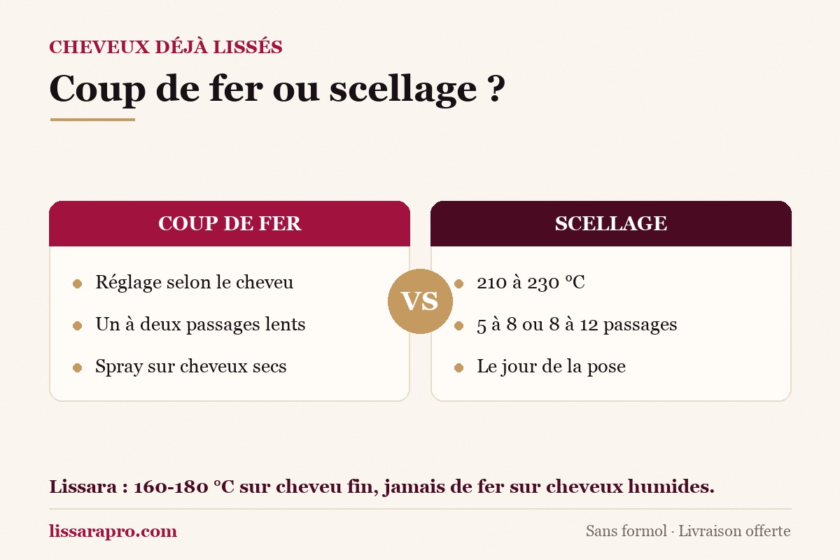 Infographie : le coup de fer sur cheveux lissés se règle selon le cheveu, en un à deux passages lents après le spray, alors que le scellage du jour de la pose monte à 210-230 °C en 5 à 8 ou 8 à 12 passages par mèche