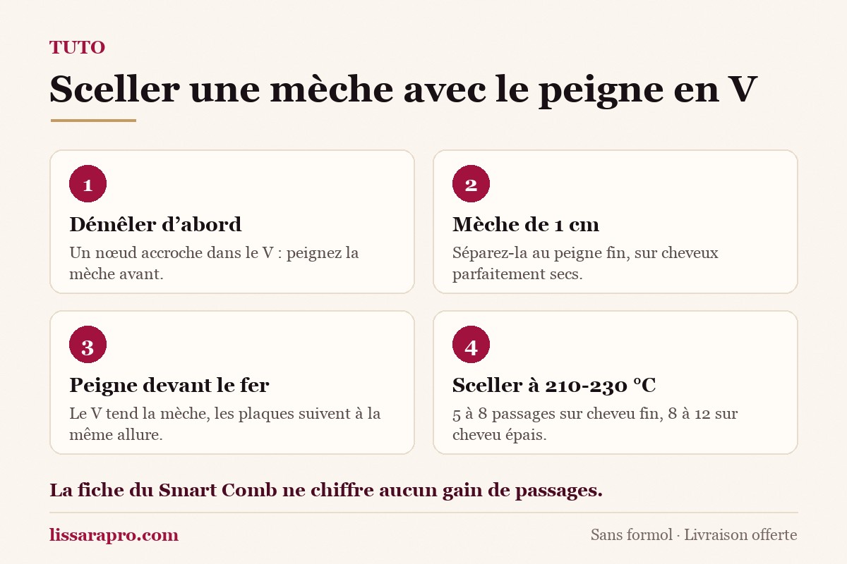 Infographie : démêler, séparer une mèche de 1 cm, placer le peigne en V devant le fer et sceller à 210-230 °C