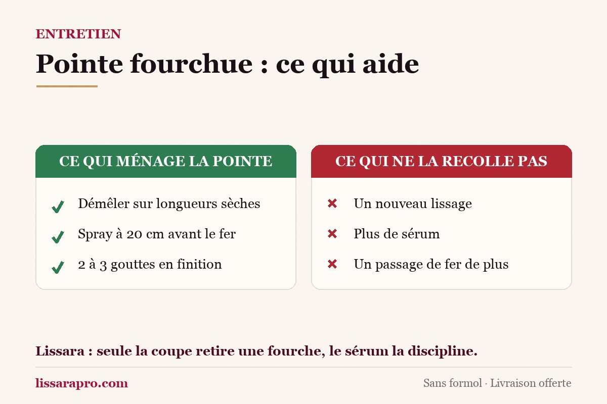 Infographie : démêler sur longueurs sèches, vaporiser le spray à 20 cm avant le fer et poser 2 à 3 gouttes de sérum en finition ménagent la pointe ; un nouveau lissage, plus de sérum ou un passage de fer de plus ne recollent pas une fourche